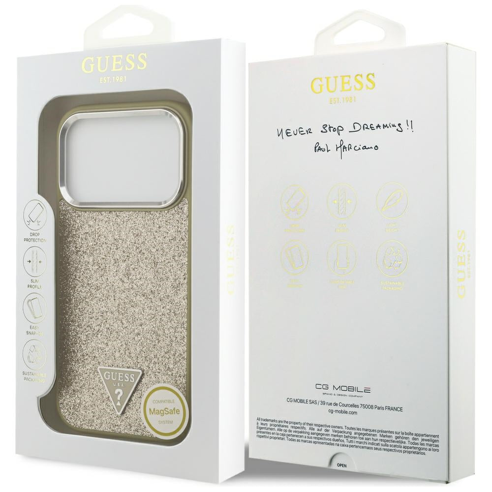 Capa MagSafe para Apple iPhone 17 Pro, Guess, Glitter Triangle Logo, Dourada
