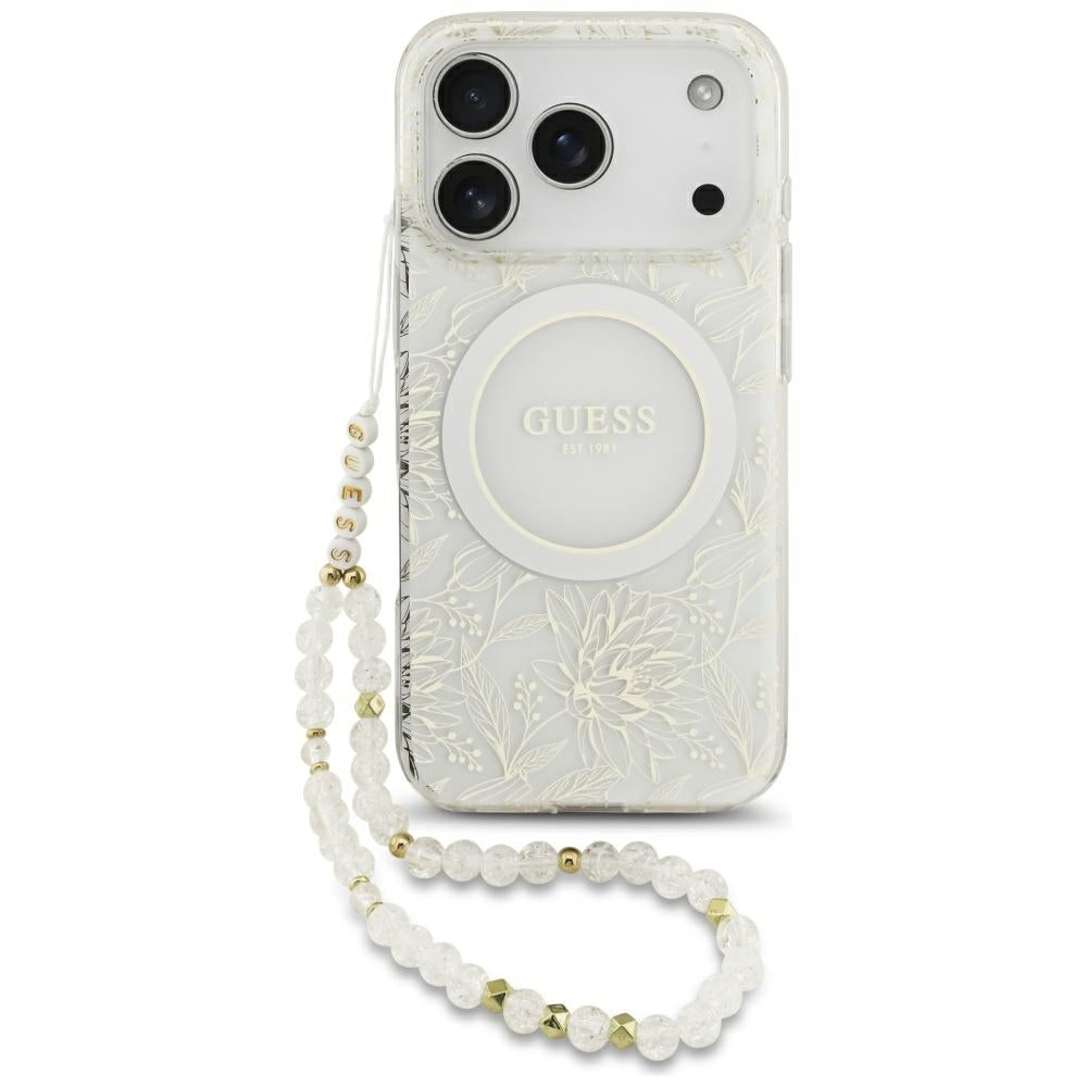 Capa MagSafe para Apple iPhone 17 Pro, Guess, IML Flowers Allover Electroplated with Pearl Strap, Branca