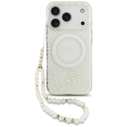 Capa MagSafe para Apple iPhone 17 Pro, Guess, IML Flowers Allover Electroplated with Pearl Strap, Branca