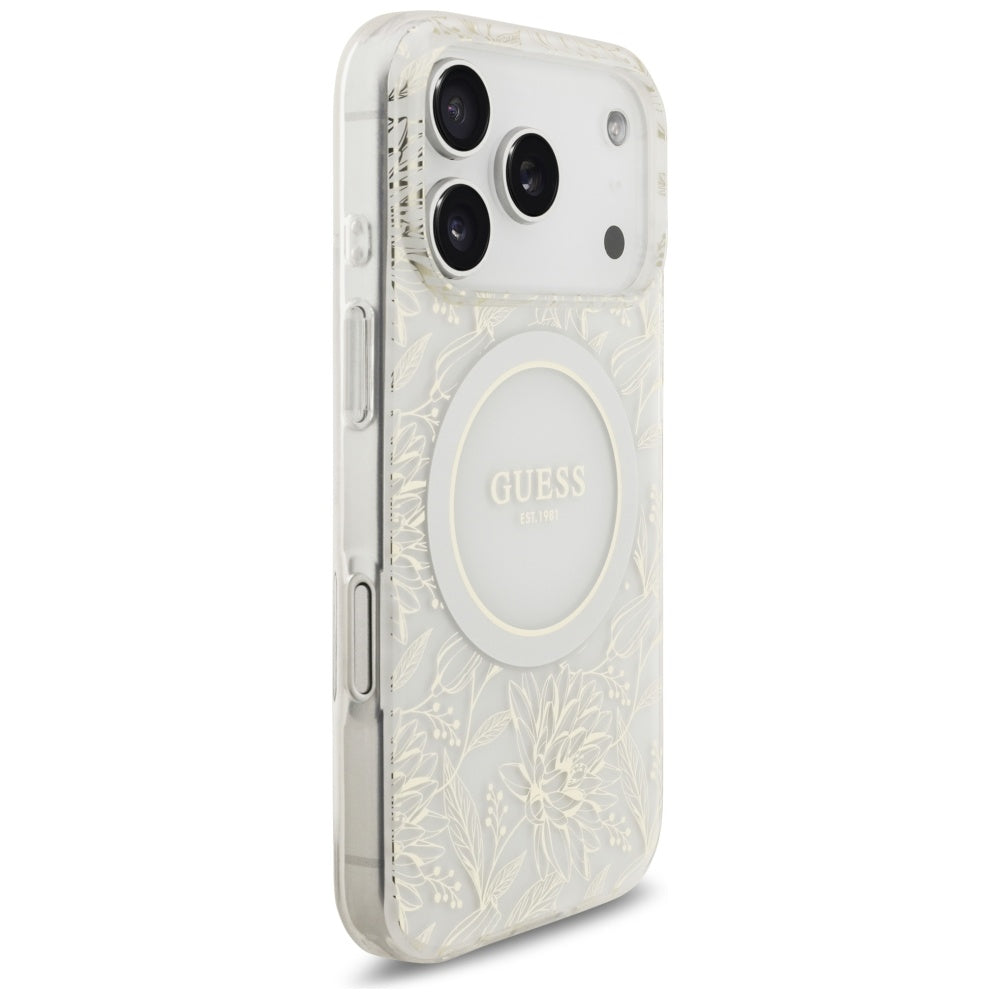 Capa MagSafe para Apple iPhone 17 Pro, Guess, IML Flowers Allover Electroplated with Pearl Strap, Branca