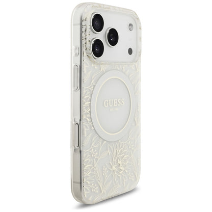 Capa MagSafe para Apple iPhone 17 Pro, Guess, IML Flowers Allover Electroplated with Pearl Strap, Branca