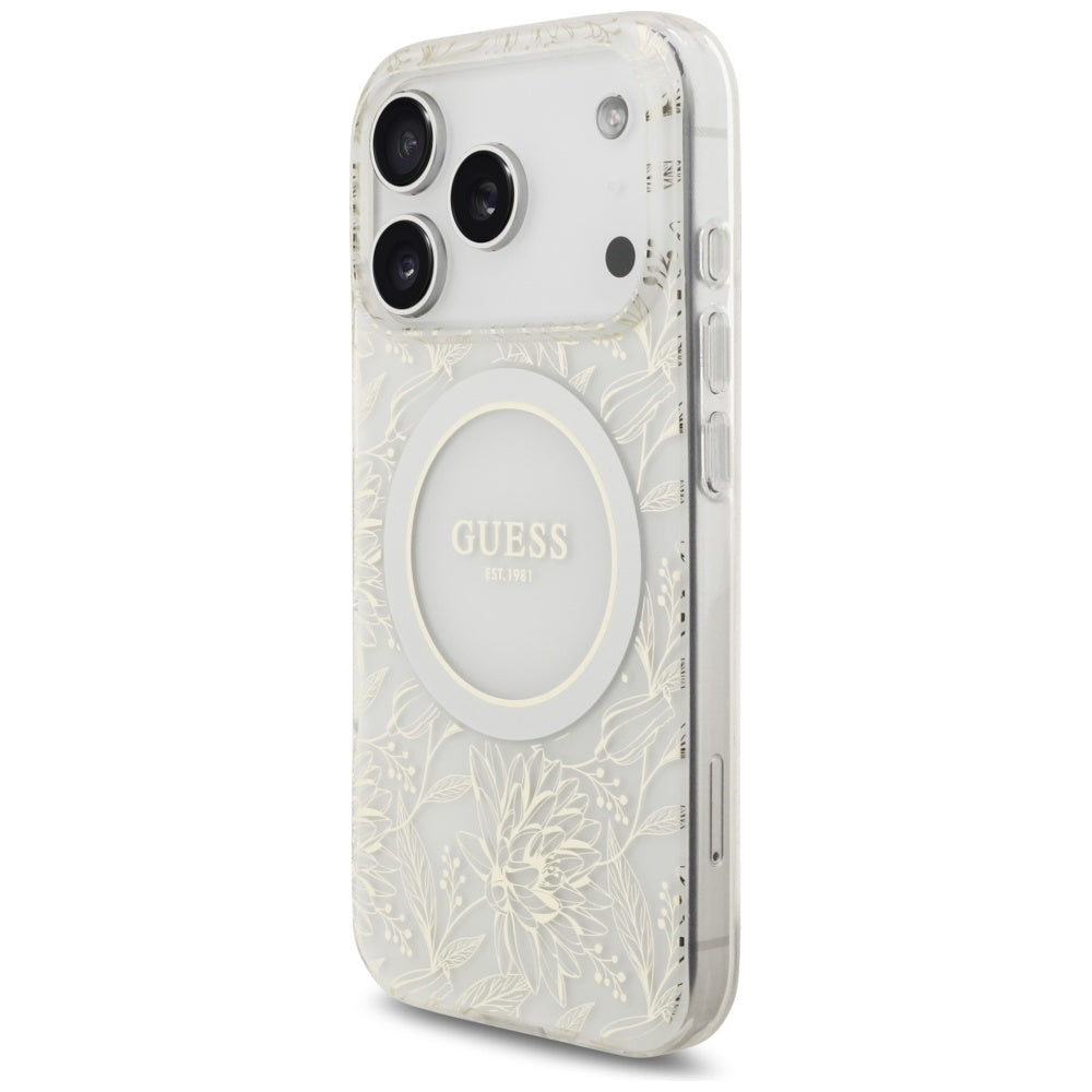 Capa MagSafe para Apple iPhone 17 Pro, Guess, IML Flowers Allover Electroplated with Pearl Strap, Branca