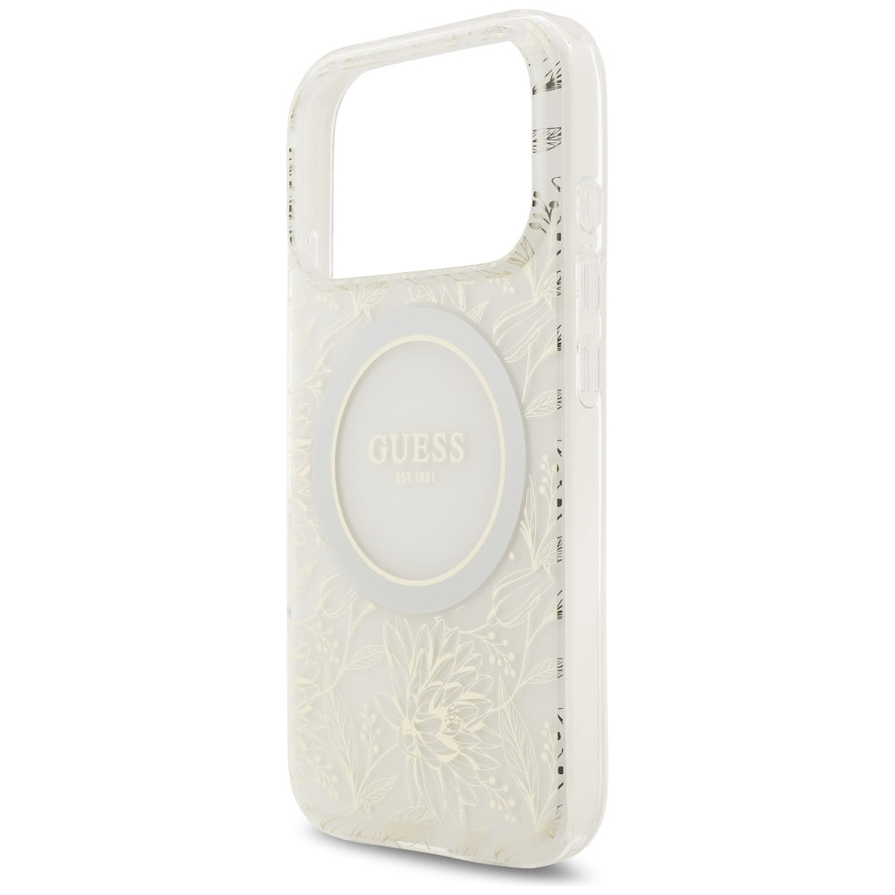 Capa MagSafe para Apple iPhone 17 Pro, Guess, IML Flowers Allover Electroplated with Pearl Strap, Branca
