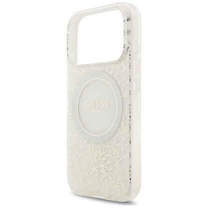 Capa MagSafe para Apple iPhone 17 Pro, Guess, IML Flowers Allover Electroplated with Pearl Strap, Branca
