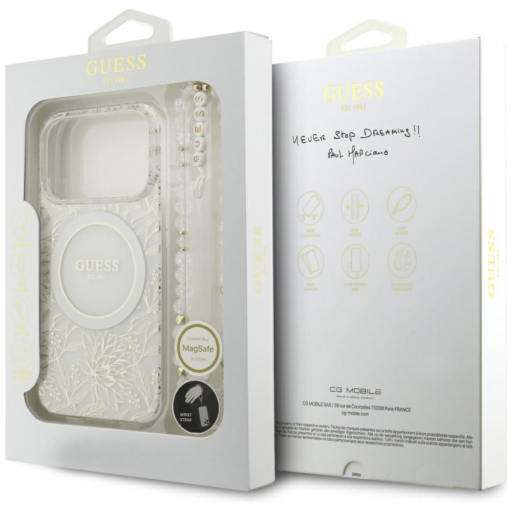 Capa MagSafe para Apple iPhone 17 Pro, Guess, IML Flowers Allover Electroplated with Pearl Strap, Branca