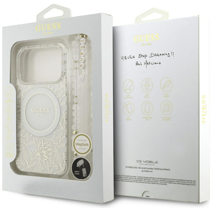 Capa MagSafe para Apple iPhone 17 Pro, Guess, IML Flowers Allover Electroplated with Pearl Strap, Branca