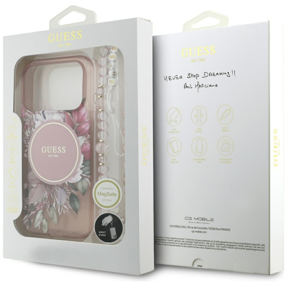MagSafe Case for Apple iPhone 17 Pro, Guess, IML Flowers with Pearl Strap, Pink