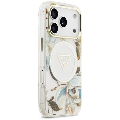 Capa MagSafe para Apple iPhone 17 Pro, Guess, IML Metal Glitter Flowers Triangle, Branca