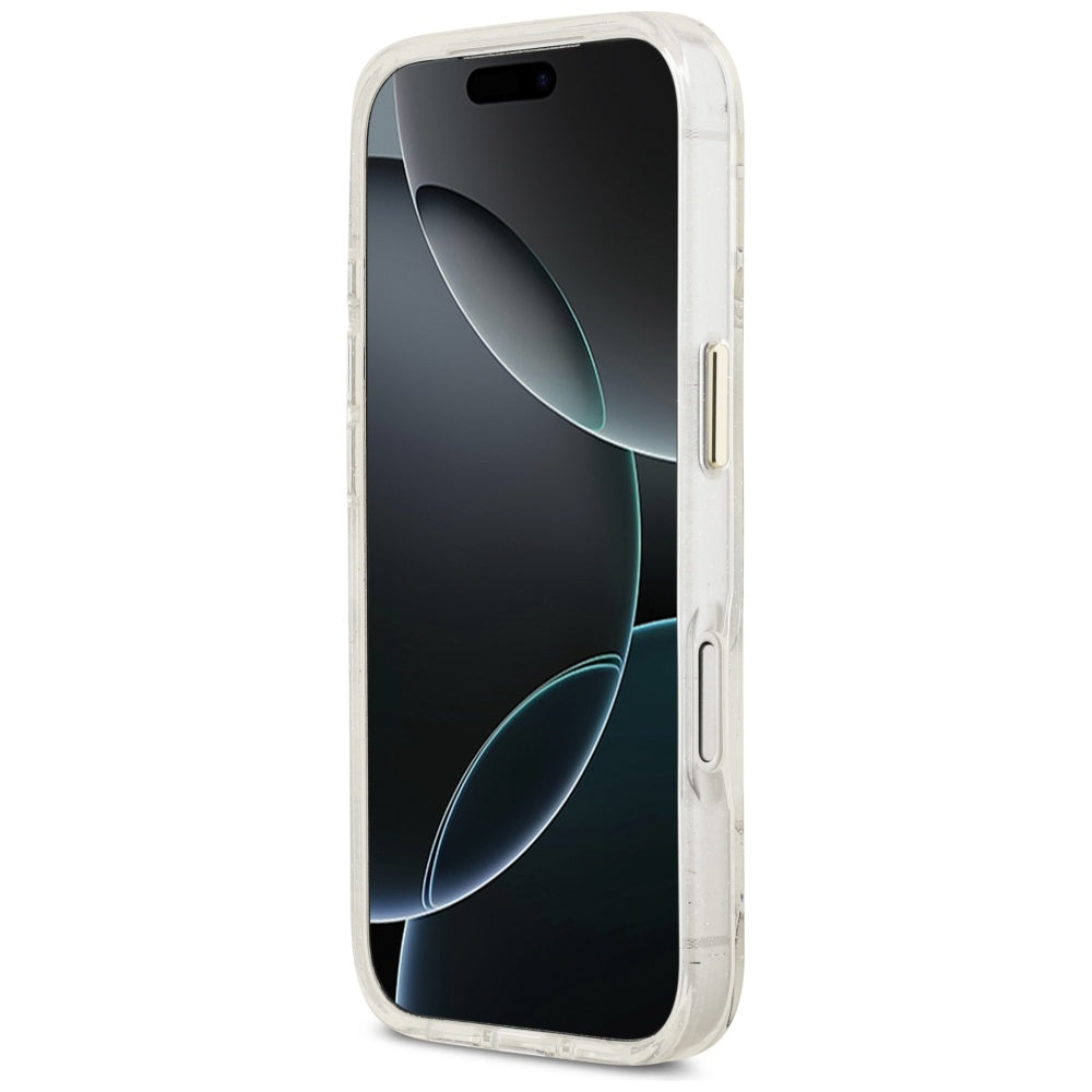 Capa MagSafe para Apple iPhone 17 Pro, Guess, IML Metal Glitter Flowers Triangle, Branca