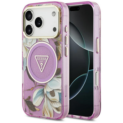 Capa MagSafe para Apple iPhone 17 Pro, Guess, IML Metal Glitter Flowers Triangle, Roxo