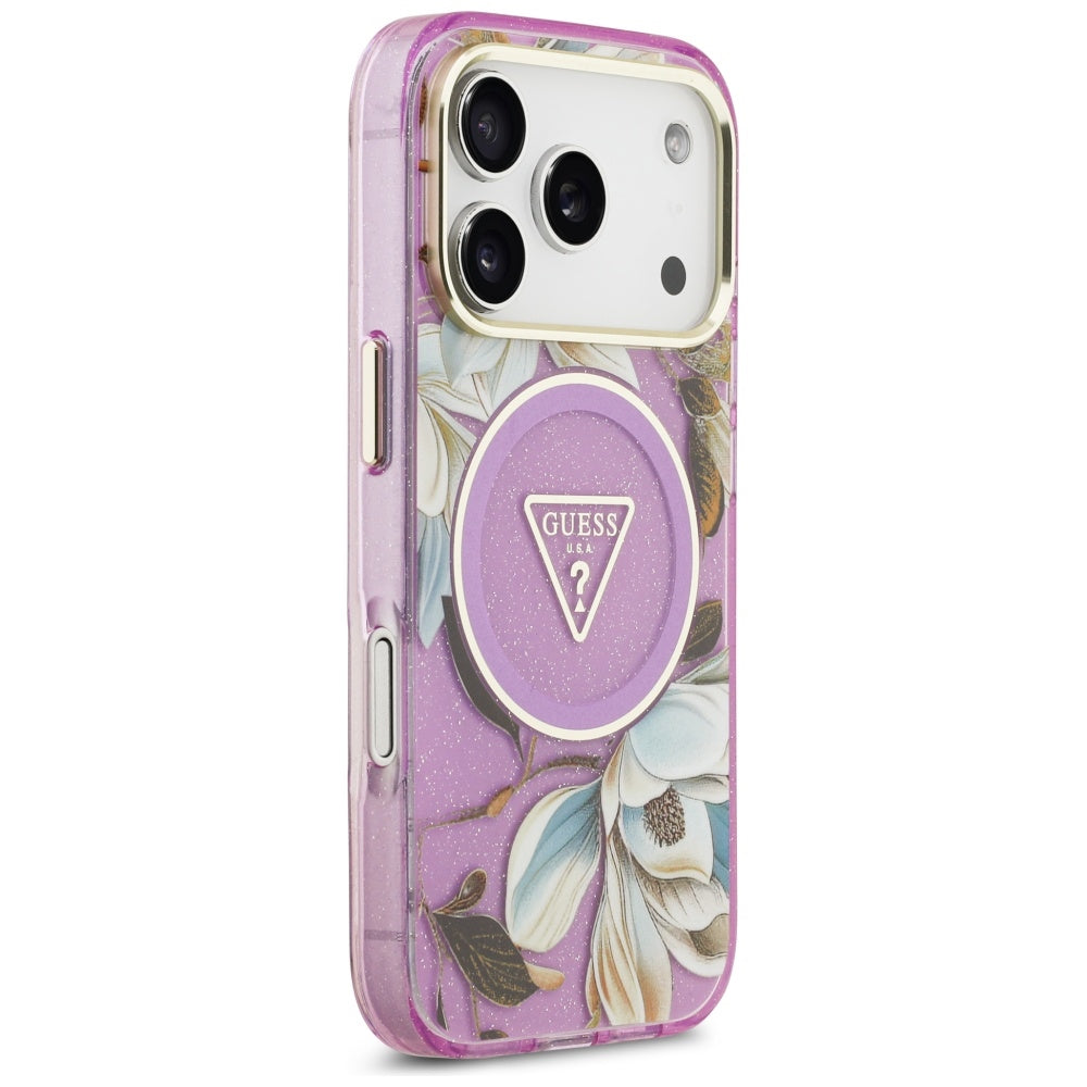 Capa MagSafe para Apple iPhone 17 Pro, Guess, IML Metal Glitter Flowers Triangle, Roxo