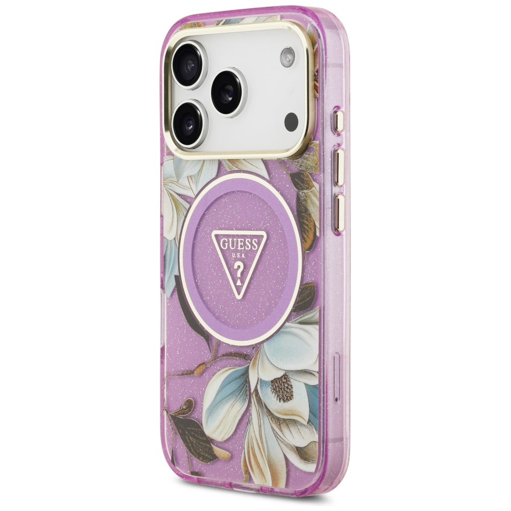 Capa MagSafe para Apple iPhone 17 Pro, Guess, IML Metal Glitter Flowers Triangle, Roxo