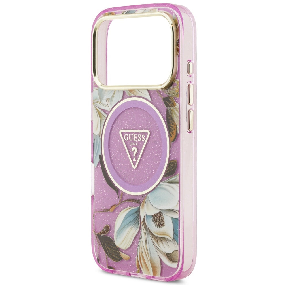Capa MagSafe para Apple iPhone 17 Pro, Guess, IML Metal Glitter Flowers Triangle, Roxo