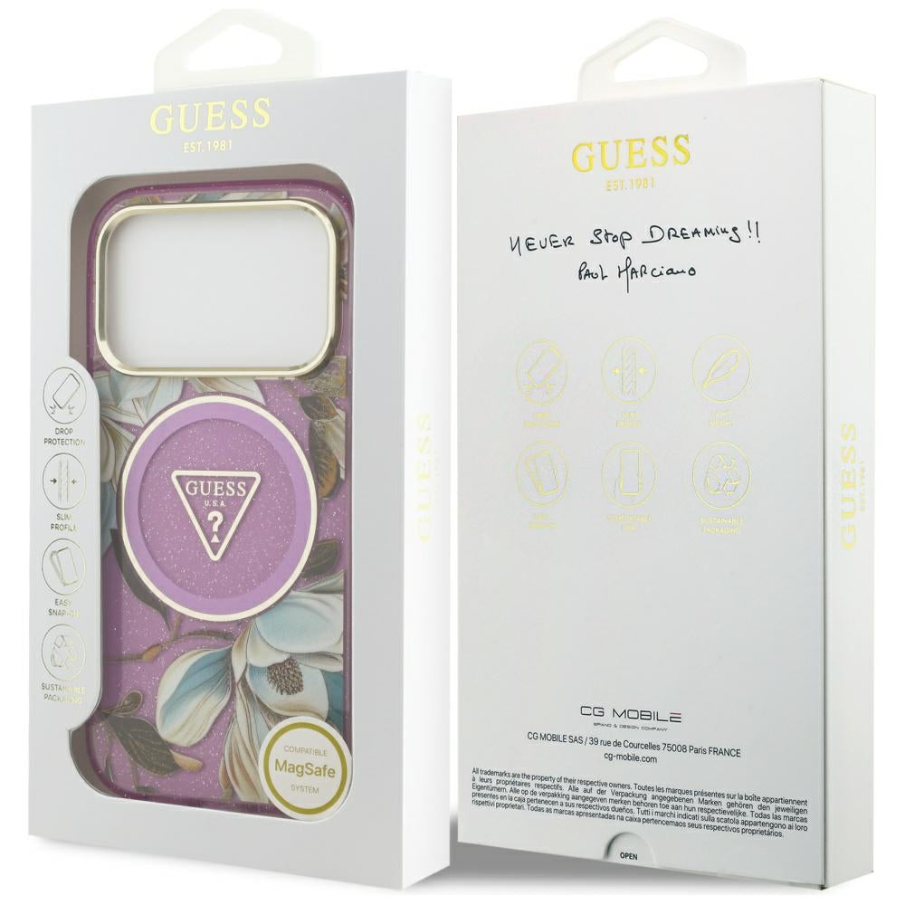 Capa MagSafe para Apple iPhone 17 Pro, Guess, IML Metal Glitter Flowers Triangle, Roxo
