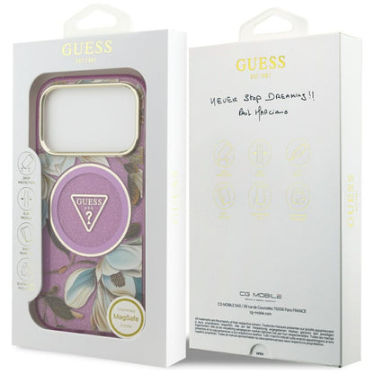 Capa MagSafe para Apple iPhone 17 Pro, Guess, IML Metal Glitter Flowers Triangle, Roxo