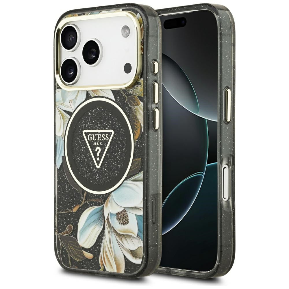 Capa MagSafe para Apple iPhone 17 Pro, Guess, IML Metal Glitter Flowers Triangle, Preta