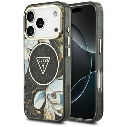 Capa MagSafe para Apple iPhone 17 Pro, Guess, IML Metal Glitter Flowers Triangle, Preta