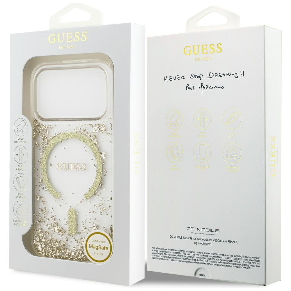 Capa MagSafe para Apple iPhone 17 Pro, Guess, Resin Bottom Glitter, Dourada