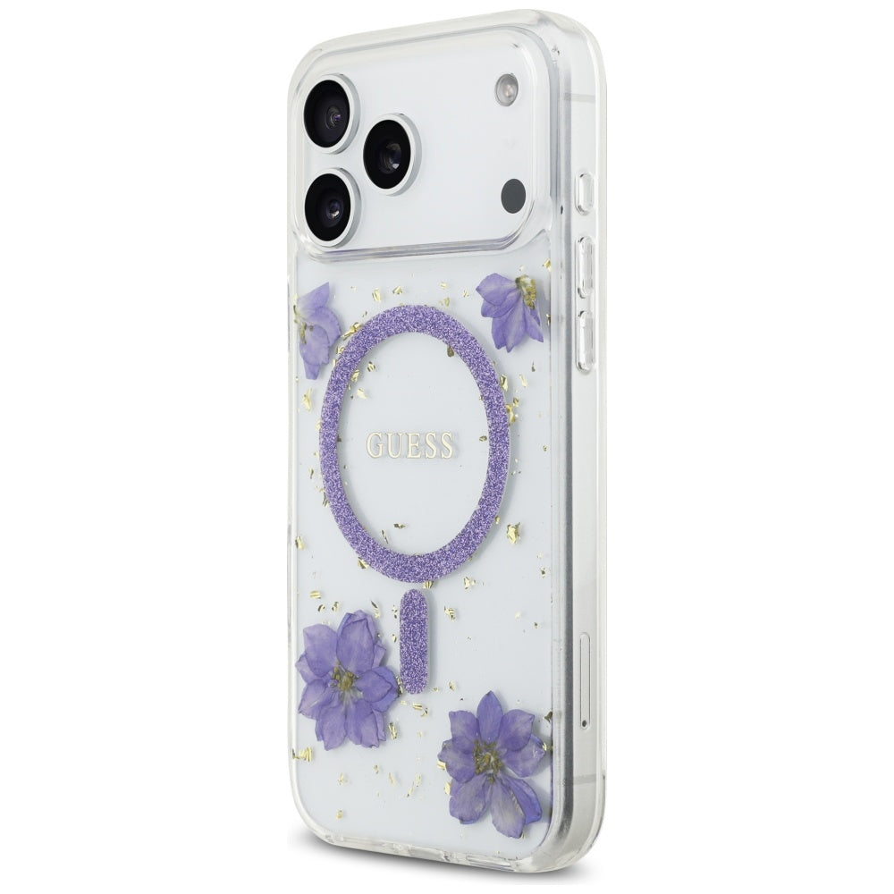 Capa MagSafe para Apple iPhone 17 Pro, Guess, Resin Flowers and Glitter, Roxo