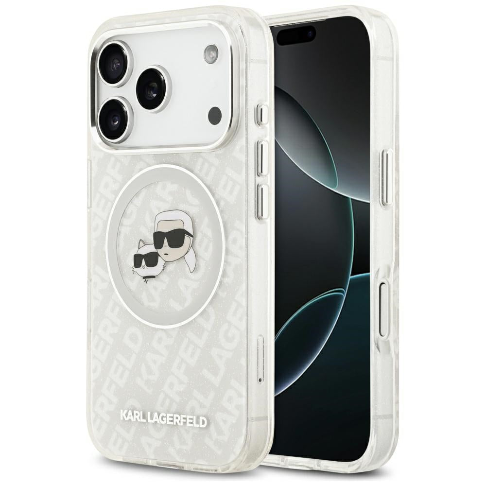 Capa MagSafe para Apple iPhone 17 Pro, Karl Lagerfeld, Glitter Karl & Choupette Head, Branca