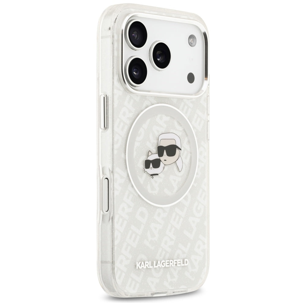 Capa MagSafe para Apple iPhone 17 Pro, Karl Lagerfeld, Glitter Karl & Choupette Head, Branca