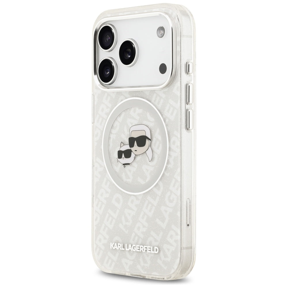 Capa MagSafe para Apple iPhone 17 Pro, Karl Lagerfeld, Glitter Karl & Choupette Head, Branca