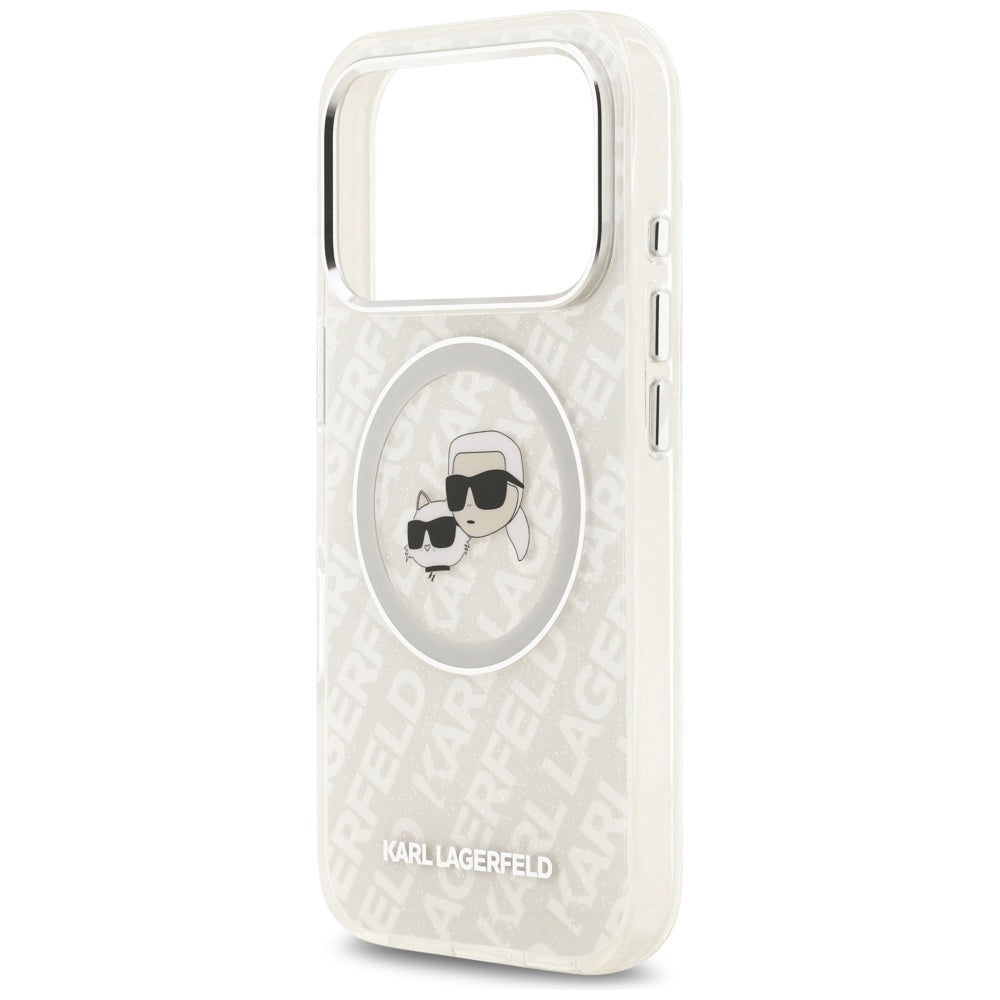 Capa MagSafe para Apple iPhone 17 Pro, Karl Lagerfeld, Glitter Karl & Choupette Head, Branca