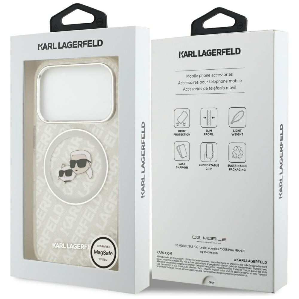Capa MagSafe para Apple iPhone 17 Pro, Karl Lagerfeld, Glitter Karl & Choupette Head, Branca