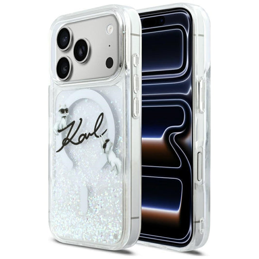 Capa MagSafe para Apple iPhone 17 Pro, Karl Lagerfeld, Glitter Karl Script Logo, Transparente