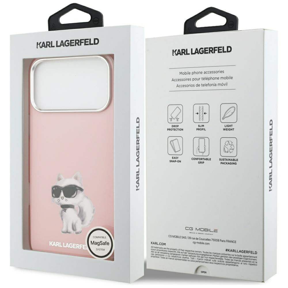 Capa MagSafe para Apple iPhone 17 Pro, Karl Lagerfeld, IML Aquarelle Logo Choupette, Rosa
