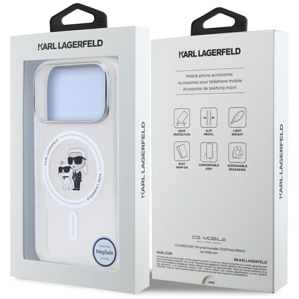 Capa MagSafe para Apple iPhone 17 Pro, Karl Lagerfeld, IML Glitter Karl & Choupette, Transparente