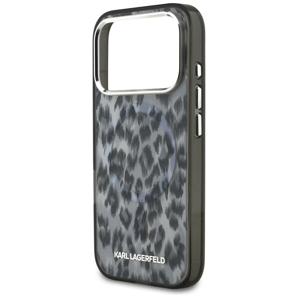Capa MagSafe para Apple iPhone 17 Pro, Karl Lagerfeld, Padrão Leopardo IML, Preta