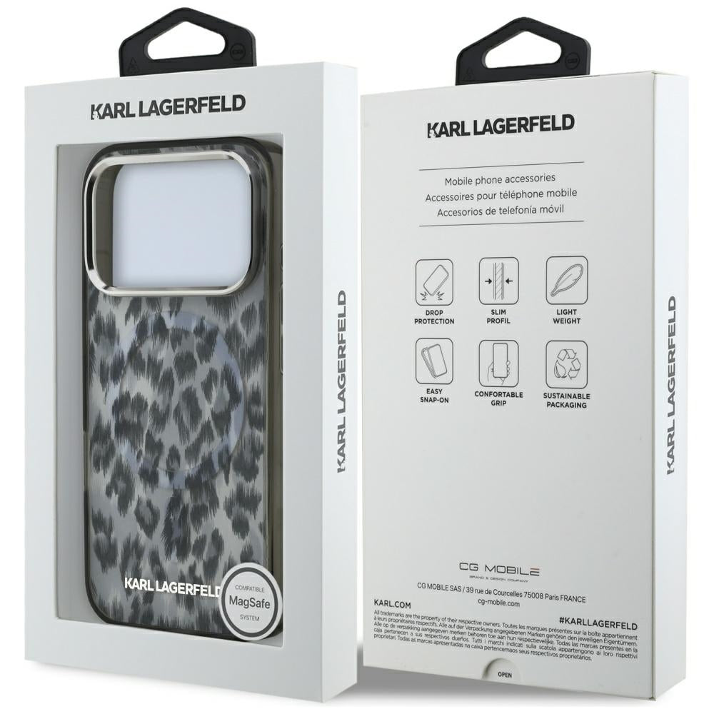 Capa MagSafe para Apple iPhone 17 Pro, Karl Lagerfeld, Padrão Leopardo IML, Preta