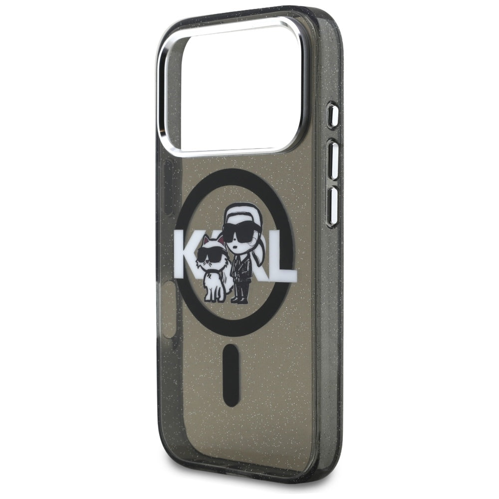 Capa MagSafe para Apple iPhone 17 Pro, Karl Lagerfeld, IML Sketch Logo Glitter Karl & Choupette, Preta.