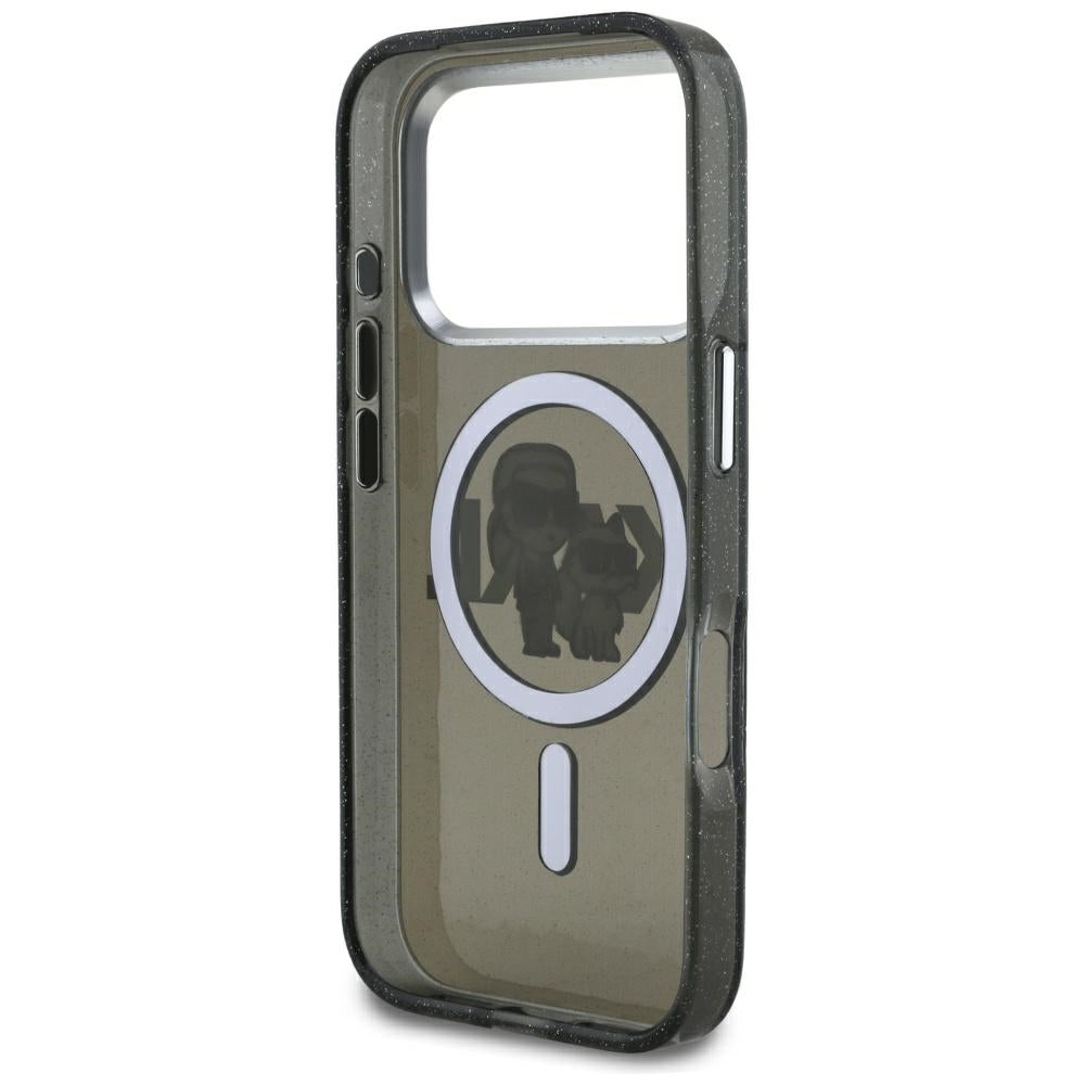 Capa MagSafe para Apple iPhone 17 Pro, Karl Lagerfeld, IML Sketch Logo Glitter Karl & Choupette, Preta.