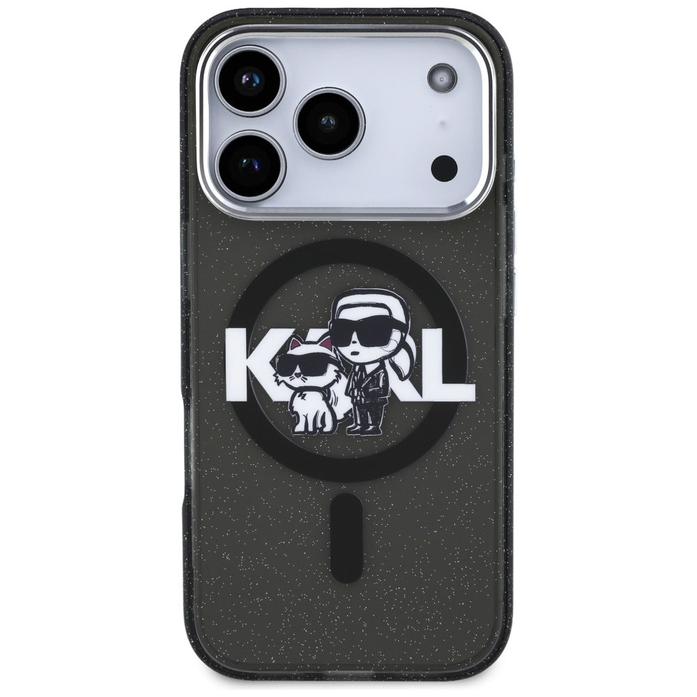Capa MagSafe para Apple iPhone 17 Pro, Karl Lagerfeld, IML Sketch Logo Glitter Karl & Choupette, Preta.