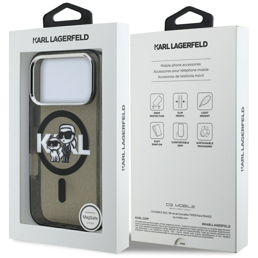 Capa MagSafe para Apple iPhone 17 Pro, Karl Lagerfeld, IML Sketch Logo Glitter Karl & Choupette, Preta.