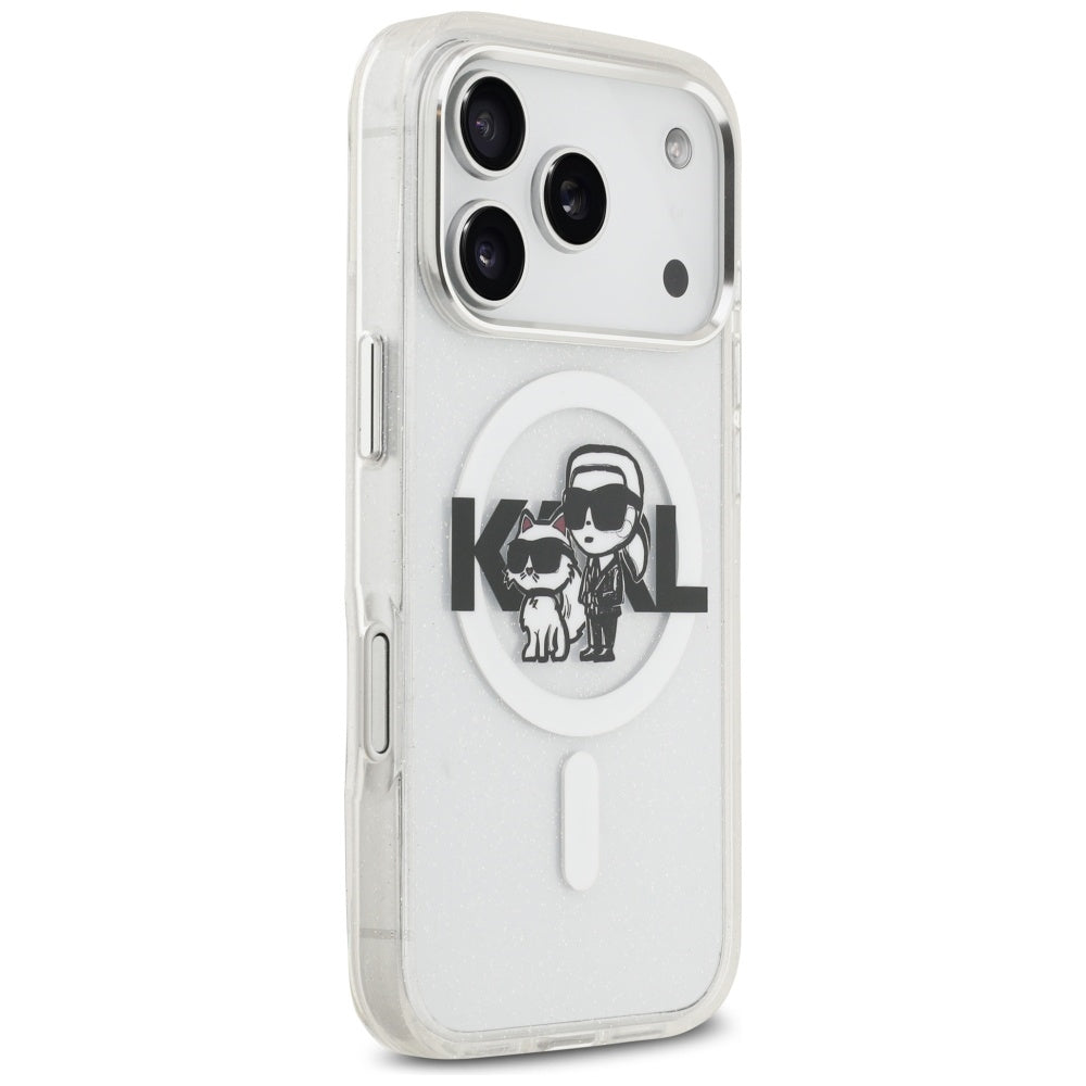 Capa MagSafe para Apple iPhone 17 Pro, Karl Lagerfeld, IML Sketch Logo Glitter Karl & Choupette, Transparente