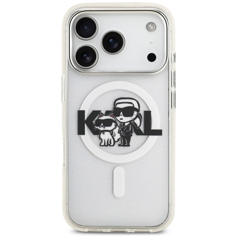 Capa MagSafe para Apple iPhone 17 Pro, Karl Lagerfeld, IML Sketch Logo Glitter Karl & Choupette, Transparente