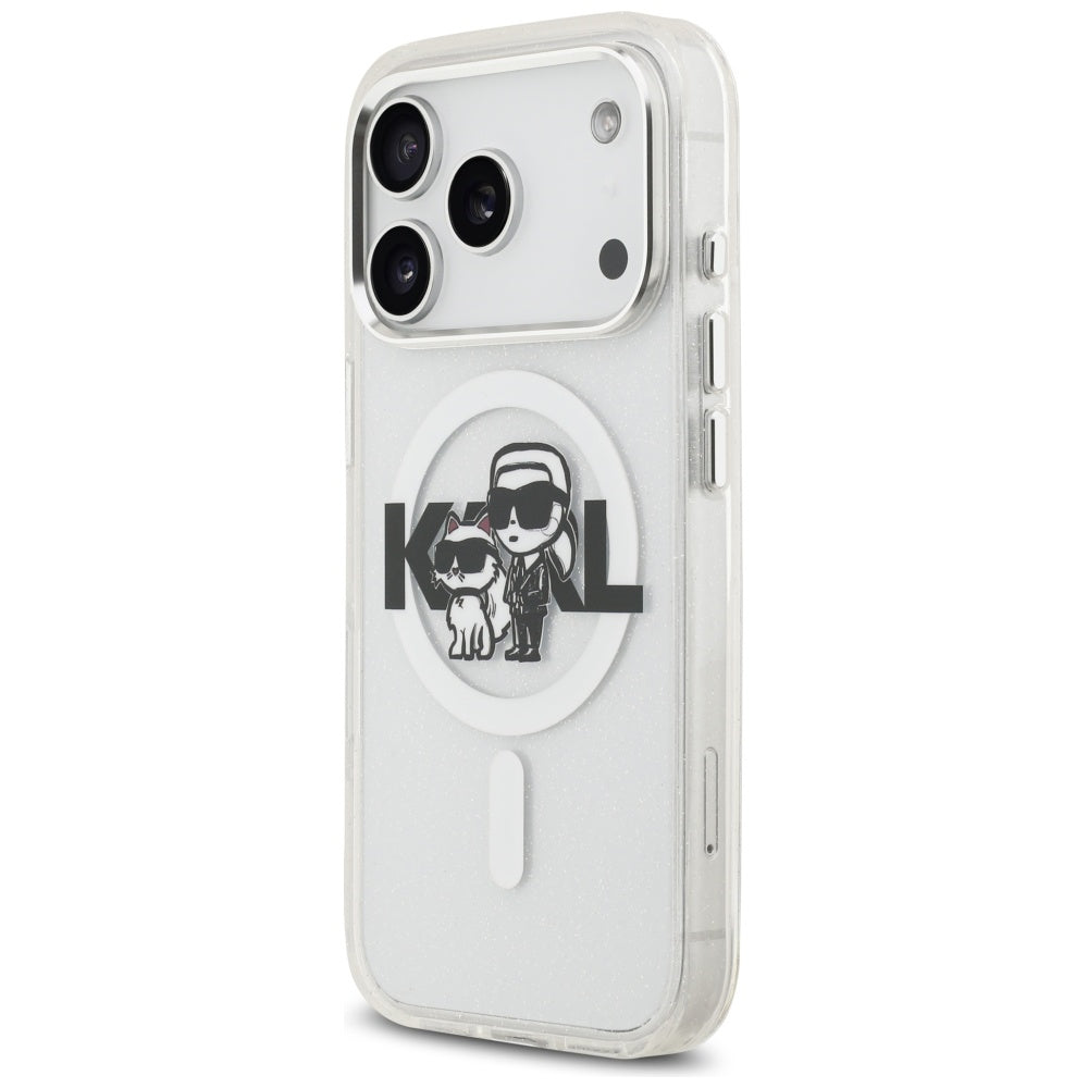 Capa MagSafe para Apple iPhone 17 Pro, Karl Lagerfeld, IML Sketch Logo Glitter Karl & Choupette, Transparente
