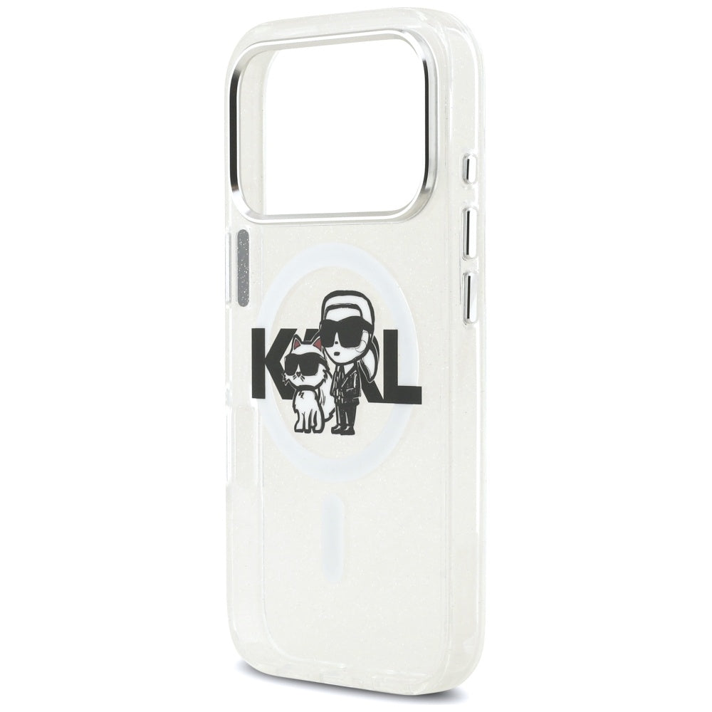 Capa MagSafe para Apple iPhone 17 Pro, Karl Lagerfeld, IML Sketch Logo Glitter Karl & Choupette, Transparente