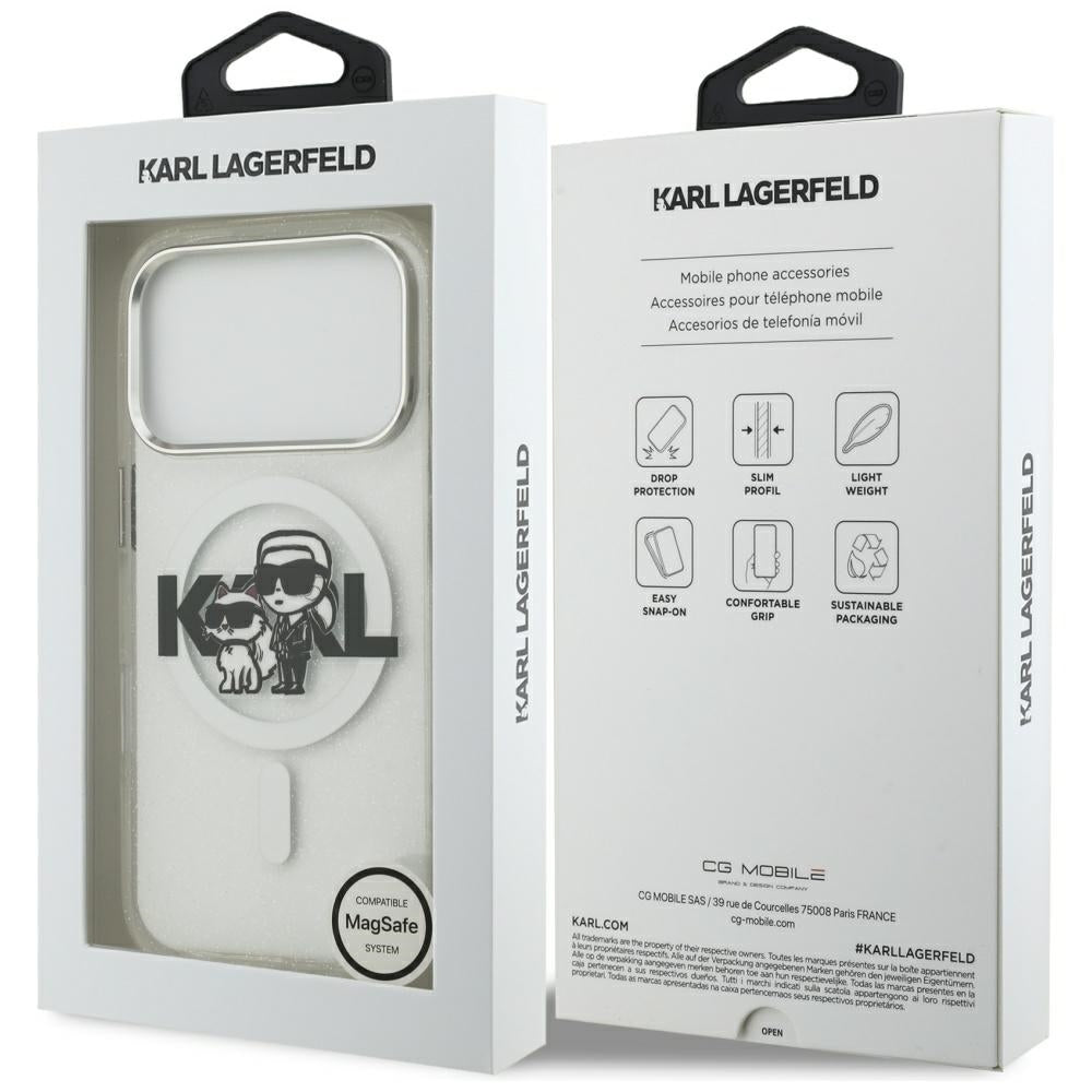 Capa MagSafe para Apple iPhone 17 Pro, Karl Lagerfeld, IML Sketch Logo Glitter Karl & Choupette, Transparente