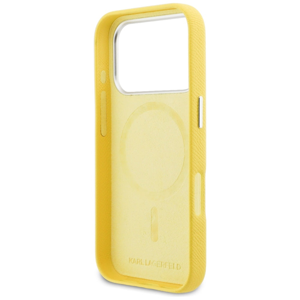 Capa MagSafe para Apple iPhone 17 Pro, Karl Lagerfeld, Saffiano Karl & Choupette Pins, Amarela