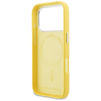 Capa MagSafe para Apple iPhone 17 Pro, Karl Lagerfeld, Saffiano Karl & Choupette Pins, Amarela