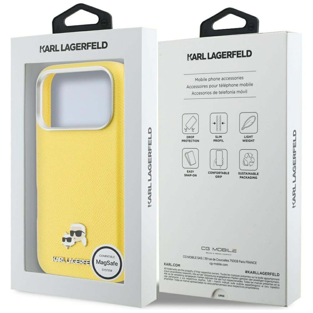 Capa MagSafe para Apple iPhone 17 Pro, Karl Lagerfeld, Saffiano Karl & Choupette Pins, Amarela