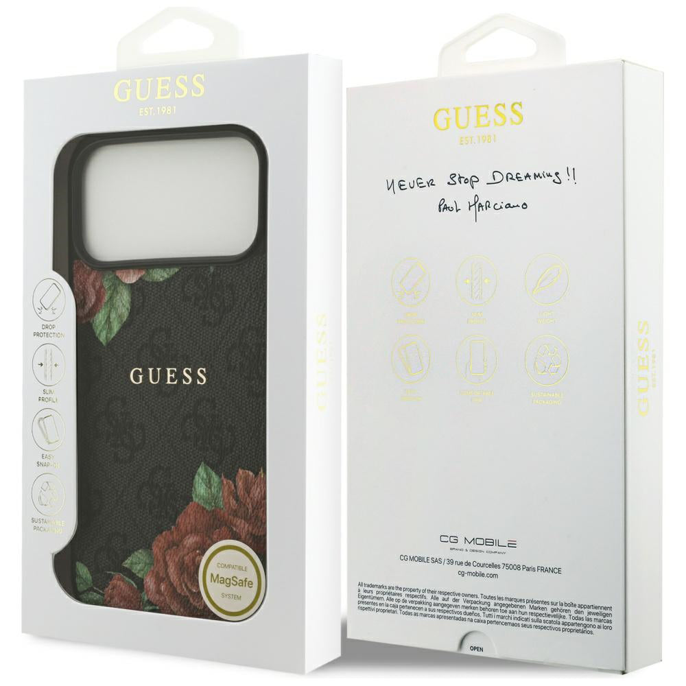 Capa MagSafe para Apple iPhone 17 Pro Max, Guess, Estampa de Flores 4G, Preta