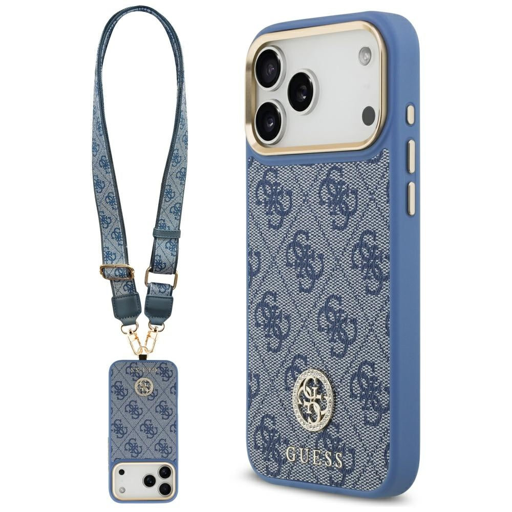 Capa MagSafe para Apple iPhone 17 Pro Max, Guess, 4G Strass Logo com Alça Grande, Azul