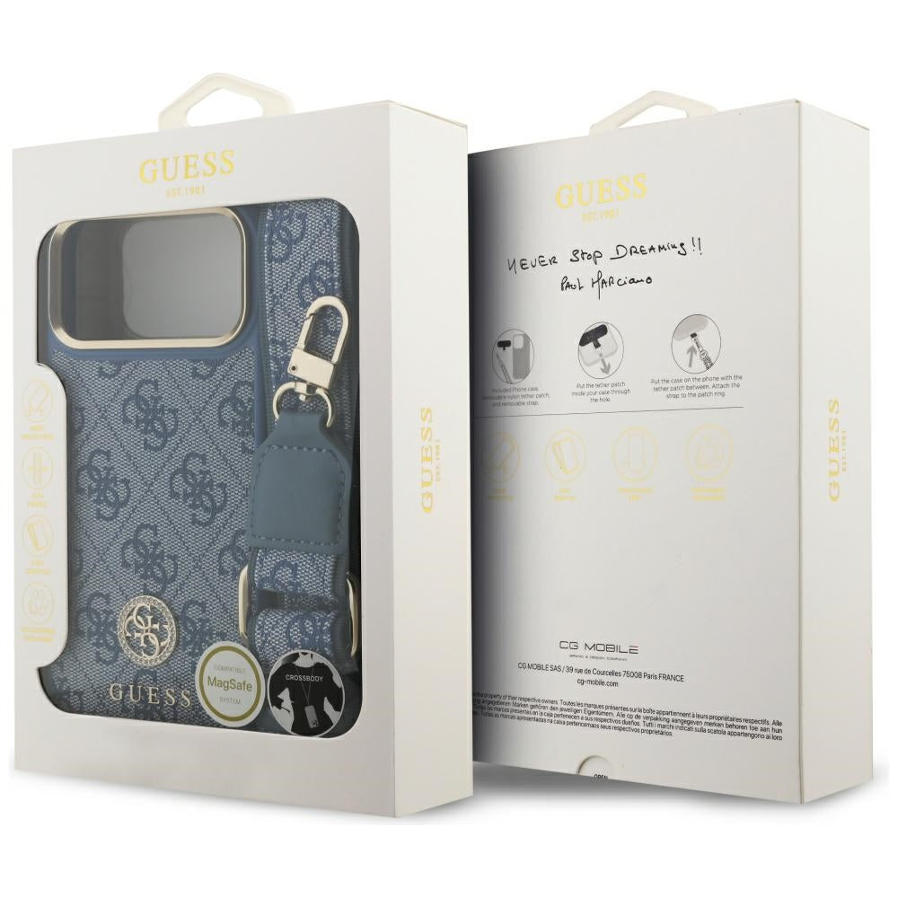 Capa MagSafe para Apple iPhone 17 Pro Max, Guess, 4G Strass Logo com Alça Grande, Azul