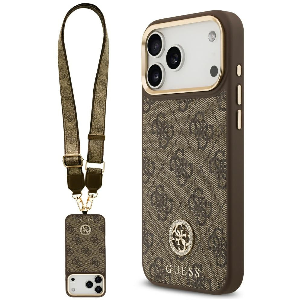 Capa MagSafe para Apple iPhone 17 Pro Max, Guess, 4G Strass Logo com Alça Grande, Marrom