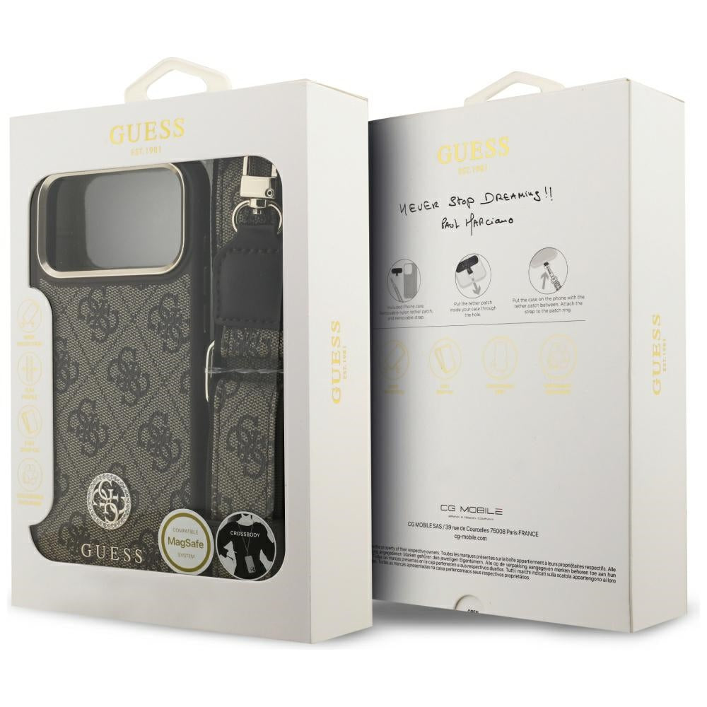 Capa MagSafe para Apple iPhone 17 Pro Max, Guess, 4G Strass Logo com Alça Grande, Marrom